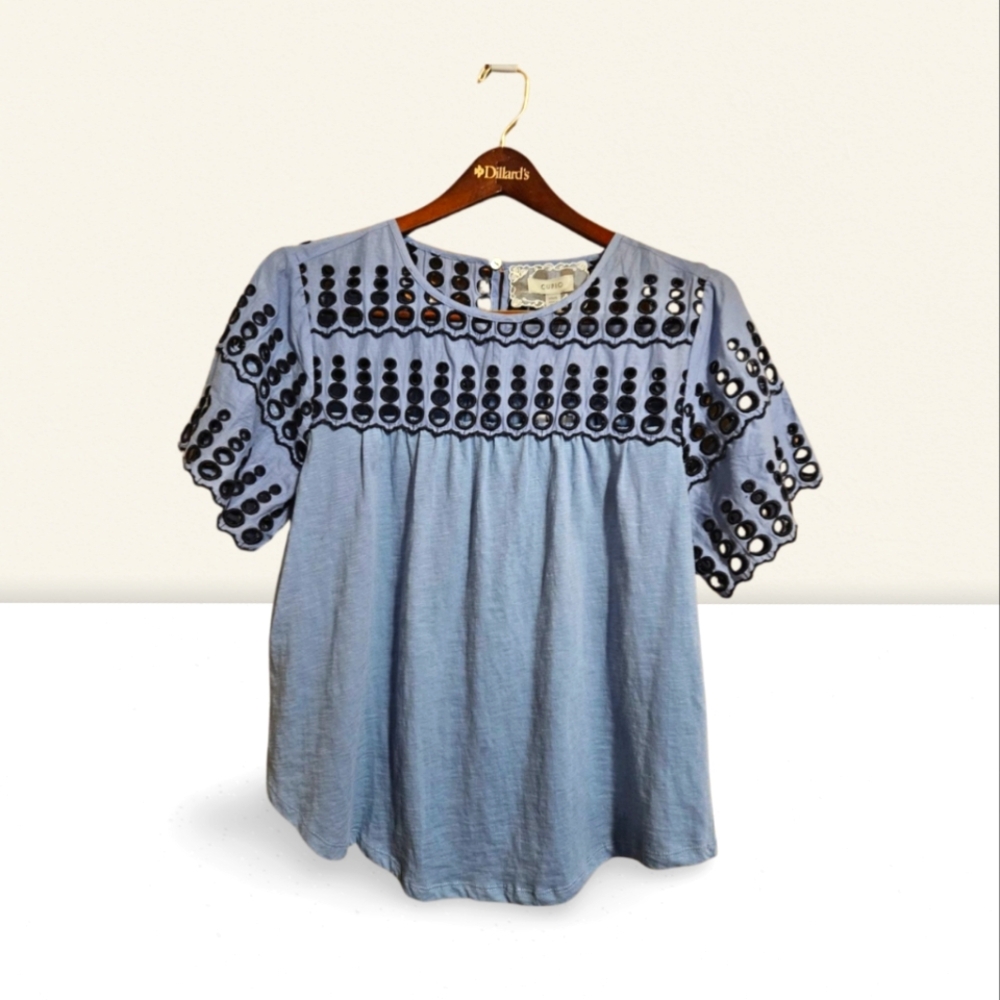Cupio Women Top Large Embroidered Infinity Color 100% Cotton Short Sleeve Blouse